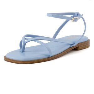 CUSHIONAIRE VIDA Women 7.5 Light Blue Flat Strappy Sandal Toe Thong Memory Foam